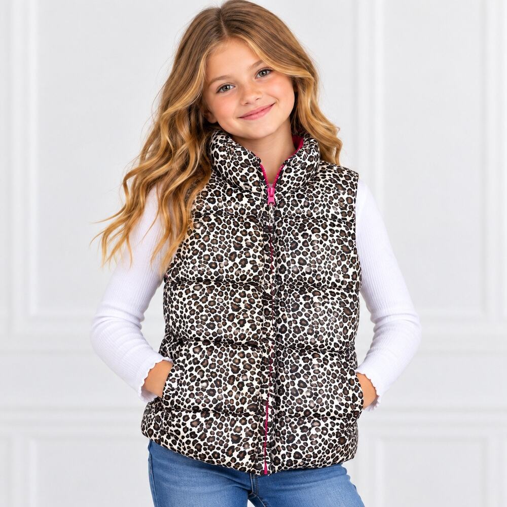 One Step Up Girls Leopard Print Puffer Vest Pink Zipper Quilted Sleeveless Med